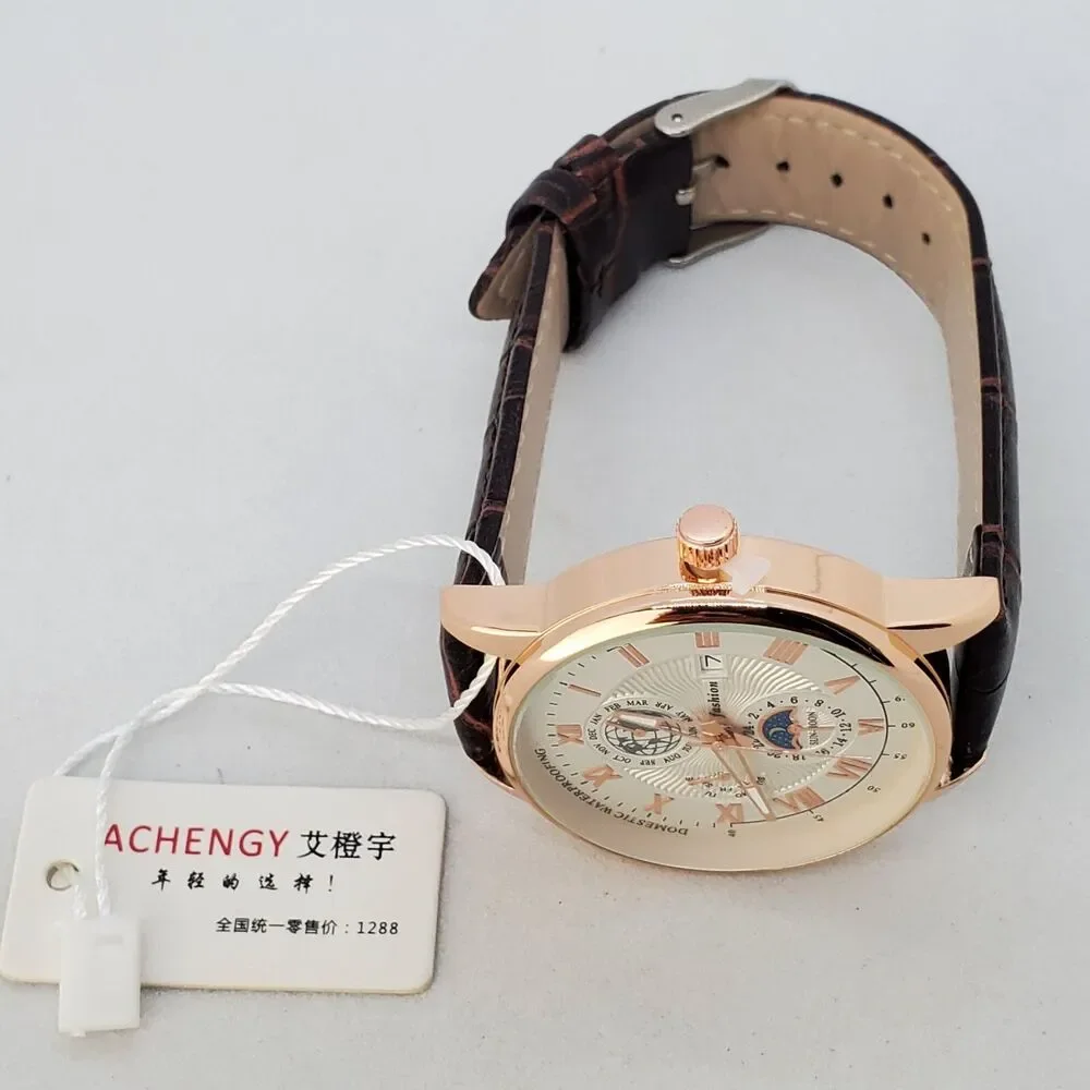 Men's 40MM Watch Gray Dial Brown Leather‎ Bands Roman Numerals Date Indicator